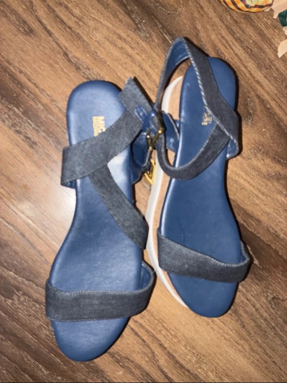 Michael Kors Navy Blue Strappy Sandals with Gold Buckle